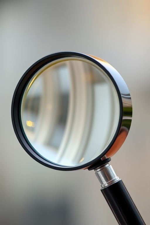 Create a high-resolution image of a magnifying glass with a reflective lens and a sleek black handle, using a DSLR camera, 50mm lens, aperture f/2.8, ISO 100, natural light, and a shallow depth of field for a professional look.