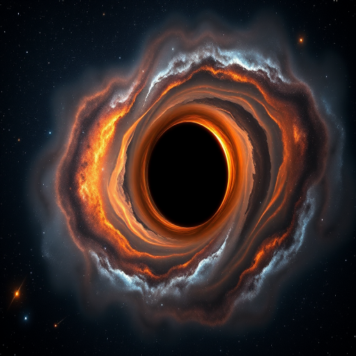 Generate a high-resolution cosmic scene featuring a black hole surrounded by luminous accretion disks and distant galaxies with vibrant colors, using a DSLR camera at ISO 100, f/11, 30 seconds exposure, shot at a wide-angle view with a 24mm lens and high dynamic range imaging.
