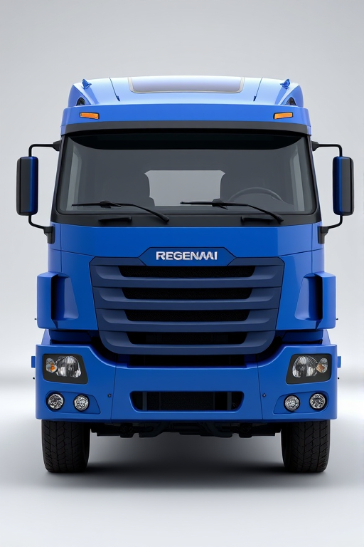 Regenerate a realistic 3D render of a blue truck from a slightly angled front view, using a high-resolution camera with settings of f/8, ISO 100, 1/125s, soft studio lighting, and a DSLR camera type to enhance image quality.
