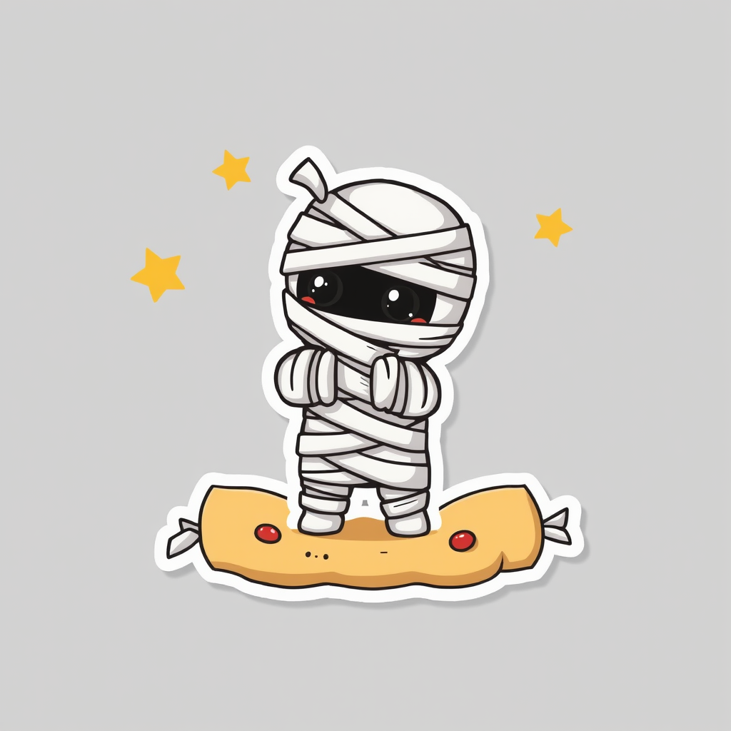 create a kawaii Mummy wrappings sticker, 3d digital art, grey background, sticker line weight
