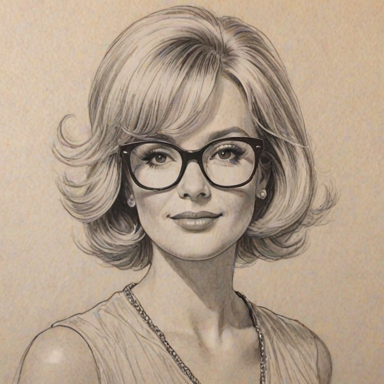Wonderful Christine Ebersole, pencil sketch, portrait of Stunning woman 1965s in glasses, hair style beatnik, outline, clear lines, fine lines, 8k