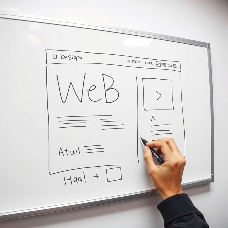 web design layout with hand drawing on a whiteboard, clean lines and high contrast, wide-angle view, DSLR camera, f/4 aperture, ISO 100, 1/125s shutter speed, natural lighting