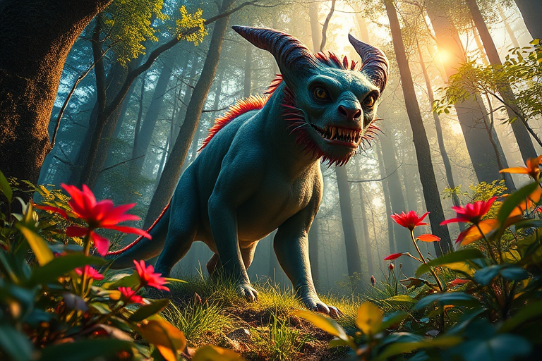 Create a highly detailed illustration of a mythical creature in a lush forest, with vibrant colors and dynamic lighting, using a Canon EOS R5 at f/2.8, ISO 100, 1/200 sec, 35mm lens, shot from a low angle to capture the creature within its natural habitat.