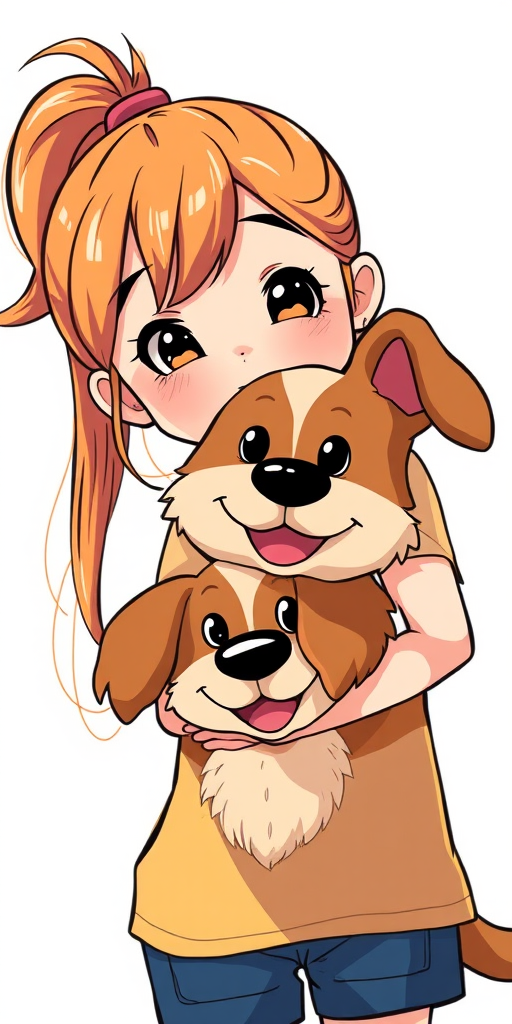 Regenerate an illustration of a girl with long hair and a ponytail holding a brown dog with a playful expression, using bright colors and a cartoonish style, shot with a Canon EOS R5, 35mm lens, f/2.8 aperture, at a 45-degree angle to enhance the cheerful atmosphere and focus on the bond between them.