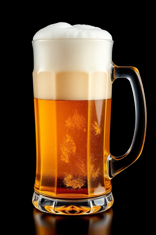 Create a high-resolution digital illustration of a frothy beer mug filled with golden beer, using a DSLR camera effect, 50mm lens, f/2.8 aperture, 1/125 shutter speed, focus on the texture of the foam and beer, with a black background for contrast.
