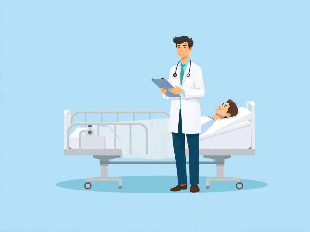 A digital illustration of a doctor in a white coat holding a clipboard standing next to a patient lying on a hospital bed, blue background, camera settings: ISO 100, aperture f/8, focal length 50mm, shot in a flat lay style with soft focus for a professional medical aesthetic.