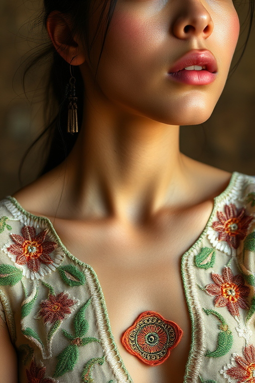 Face, shoulders, chest covered in openwork Maya embroidery. Raw, unedited image.
