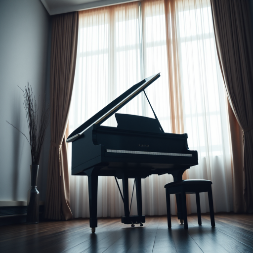 a grand piano in a softly lit room with curtains in the background, ISO 200, f/2.8, 1/60s, 50mm lens, shot from a low angle, using a DSLR camera for enhanced detail and depth