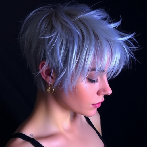 Ethereal Moonbeam Tresses showcase a silvery-white pixie cut with iridescent blue undertones, creating an otherworldly shimmer that seems to glow in the darkness