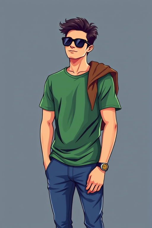 Illustration of a young man standing casually with a green t-shirt, blue pants, and stylish sunglasses, wearing a brown sweater draped over his shoulder, studio lighting, 50mm lens, f/2.8 aperture, ISO 100, portrait orientation.