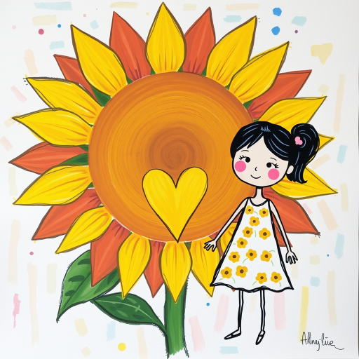 Stylized impressionism painting of a large sunflower with an oversized center and colorful petals. Beside, a young female character with eyes represented by dots and a mouth by a line, pink cheeks, hair attached, arms and legs a black line, flowery white dress triangle shape. A yellow heart surrounded by a black line between the two. Textured background with touches of colorful paint. Childish style.