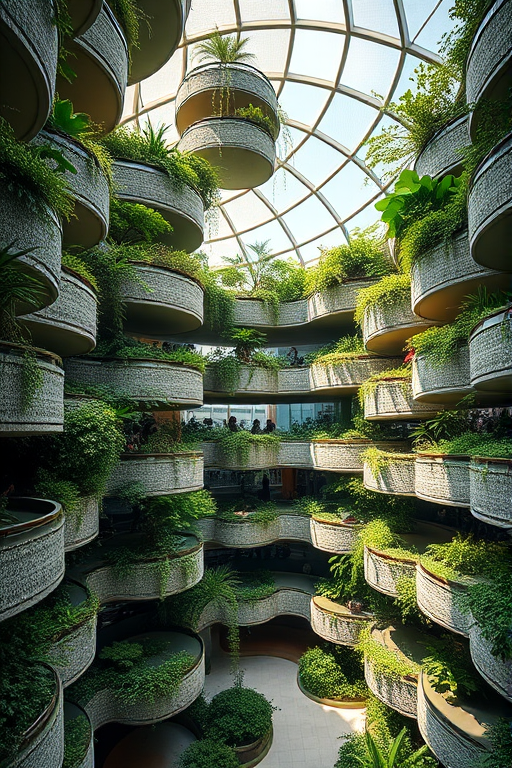 Create a highly detailed image of an interior with stacked circular structures resembling a modern garden, featuring lush greenery interspersed with soft lighting that highlights the textures, shot with a Canon EOS R5, 24mm lens, f/8 aperture, ISO 100, in soft natural light, wide-angle view, emphasizing depth and clarity.