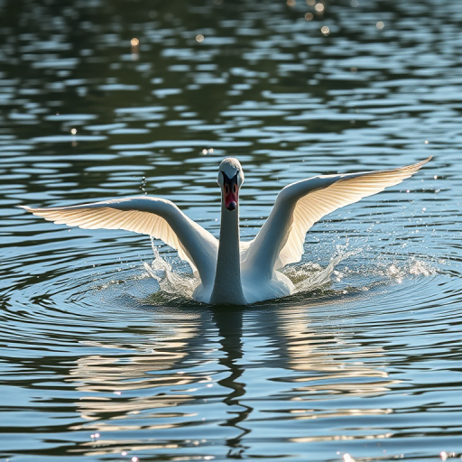 capture a swan diving gracefully into a shimmering lake with wings spread wide in soft natural lighting, f/2.8 aperture, 1/500 sec shutter speed, ISO 200, shot from a low angle with a DSLR camera in portrait orientation