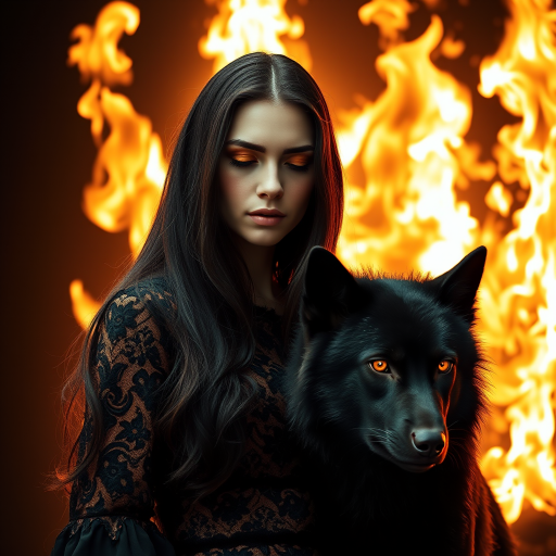 A woman with long dark hair, wearing a black lace dress that seamlessly blends into her skin with intricate floral patterns. She is in the foreground, with a black wolf beside her; its fur is midnight black, and it has glowing, intense, orange eyes that match hers. Her eyes are partially closed with burning embers above them, giving a fiery and mystical aura. The background is engulfed in tall, roaring flames, contributing to an overall dark and supernatural atmosphere. The colors are intense, predominantly black, fiery orange, and deep reds, with sharp contrast highlighting the mysterious and fierce theme. The flames are bright and dynamic, casting dramatic light and shadow, illuminating the woman and wolf while leaving parts in near darkness. The image evokes a sense of otherworldly power and connection between the woman and the wolf.