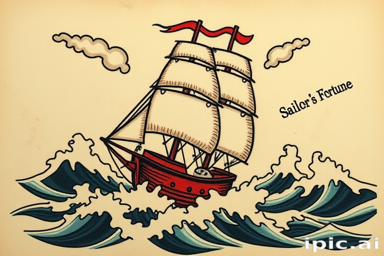 Old school traditional tattoo named "Sailor's Fortune" depicting a ship in stormy seas with bold outlines, limited color palette, and classic maritime imagery