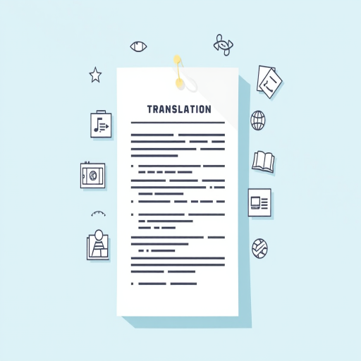 Generate an illustration of a document with translation icons, featuring a clean, minimalistic background in light blue, use a Canon EOS 5D Mark IV with a 50mm lens at f/1.8, aperture priority mode, and soft natural lighting to enhance image quality.