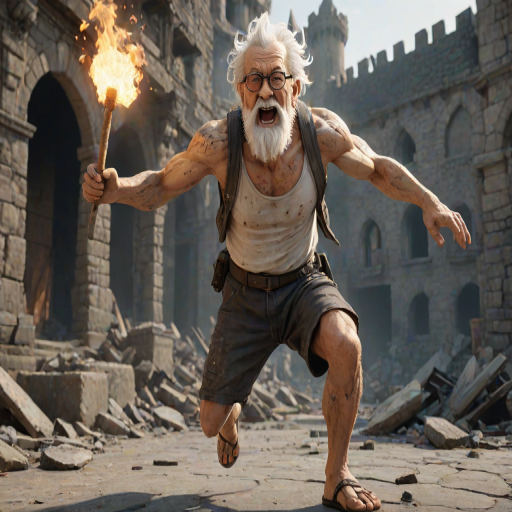Cartoon 3D High-Resolution,dynamic battle scene using Unreal Engine 5 and Octane Render. The scene features back of an elderly, thai man with a beard,messy hair and round golden-rimmed glasses. He is wearing a tattered tank top with soot marks, shorts, and sandals. sweating. he wields a baseball bat. He jump to fight with a white fire-breathing Europe dragon amidst a partially destroyed stone castle. Include intense flames, smoke, and debris to enhance the dramatic effect.