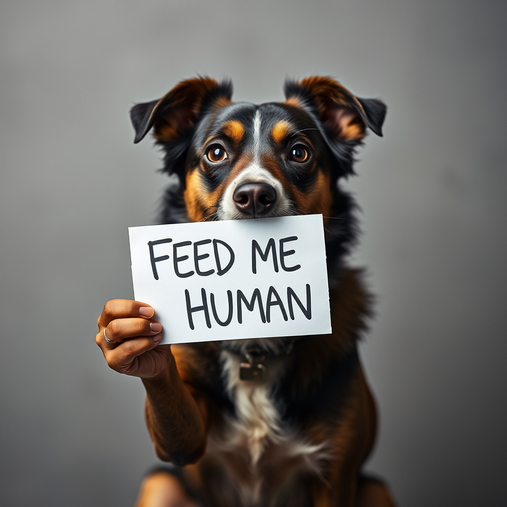 dog holding a note which says "FEED ME HUMAN"