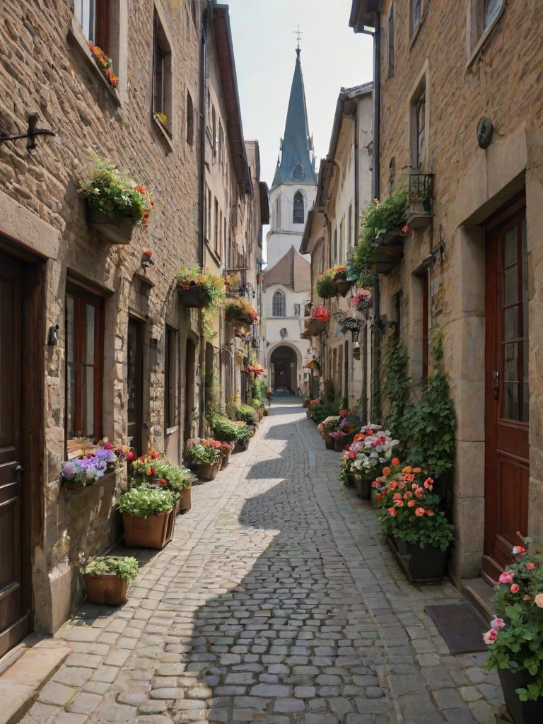 Charming European alleyway, with cobblestones underfoot, flower boxes hanging from windows, and the sound of distant church bells ringing.