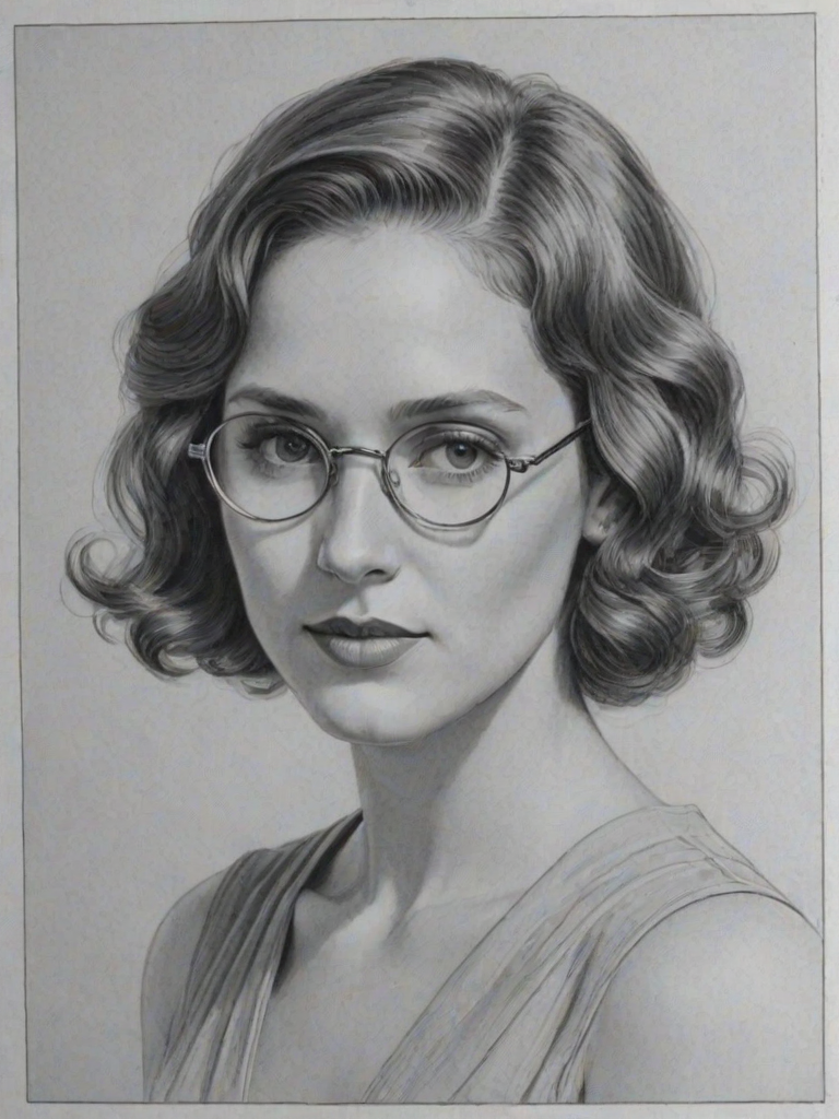 Comely Amy Jo Johnson, pencil sketch, portrait of Graceful woman 1930s in glasses, hair style beatnik, outline, clear lines, fine lines, 8k