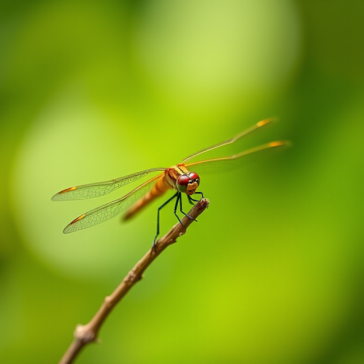macro shot of a dragonfly perched on a twig with a blurred green background, aperture f/2.8, shutter speed 1/200 sec, ISO 100, 100mm lens, soft natural light, shallow depth of field, DSLR camera