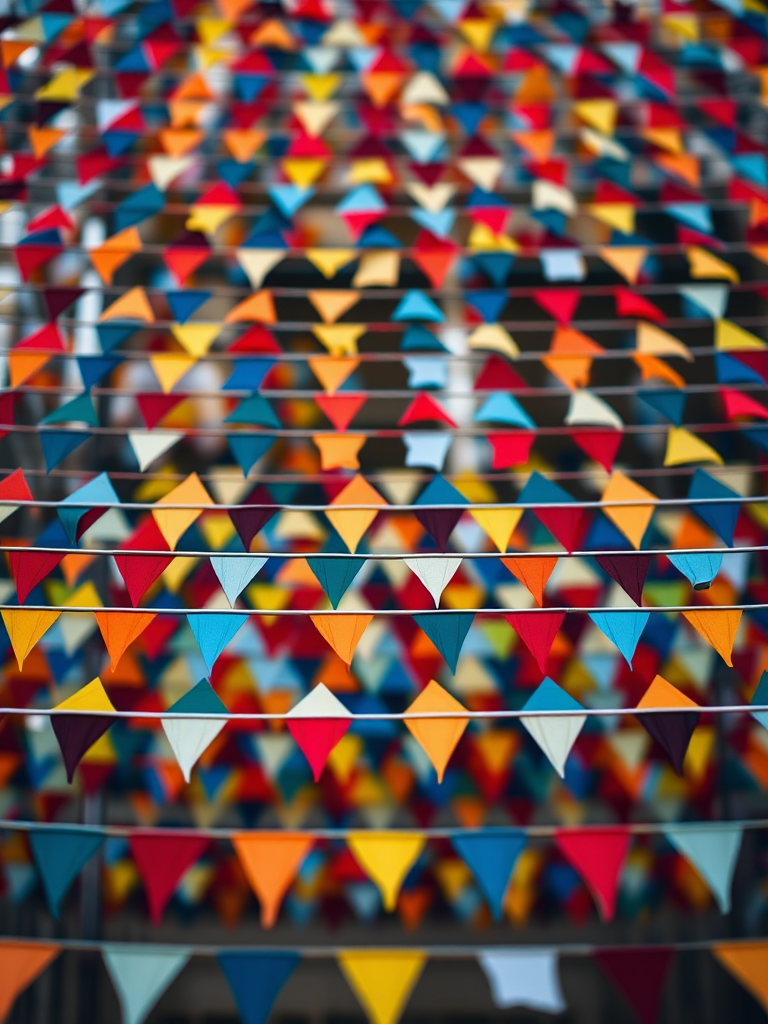 Create a high-resolution image of a grid with colorful triangular flags in rows; use a Canon EOS R5 camera, 50mm lens, f/2.8 aperture, ISO 100, and a soft focus effect for an artistic touch.