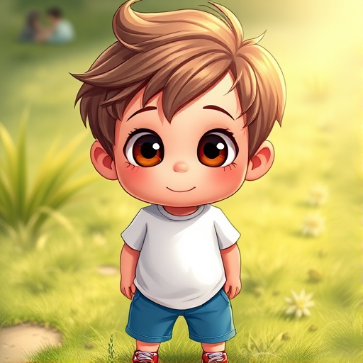 Create a vibrant and detailed illustration of a young boy with expressive oversized eyes and tousled brown hair, wearing a plain white t-shirt, blue shorts, and red sneakers, standing on a grass patch under soft sunlight, captured with a Canon EOS R5, 50mm lens, f/1.8 aperture, ISO 100, with a shallow depth of field to emphasize the character while blurring the background subtly.