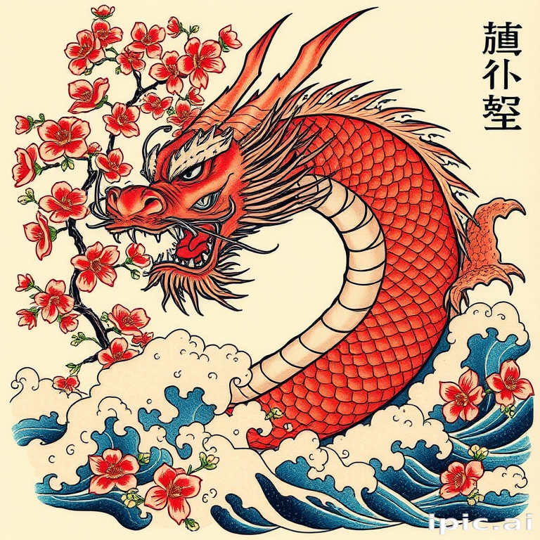 Japanese irezumi tattoo named "Dragon's Breath" showcasing a fierce dragon emerging from cherry blossoms and crashing waves in rich traditional colors and bold outlines