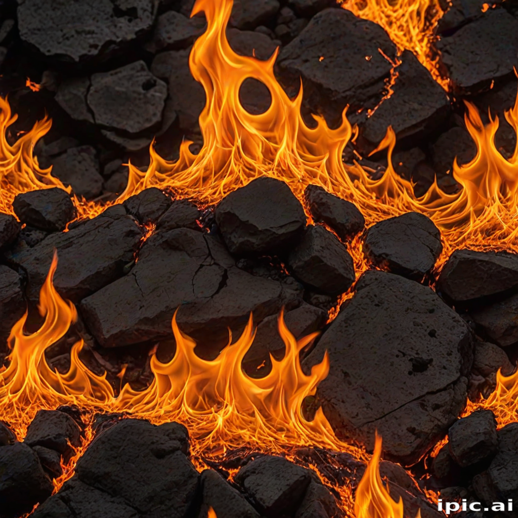 Fiery Flames Dancing Over Dark, Charred Lava Rocks in Eruptive Display