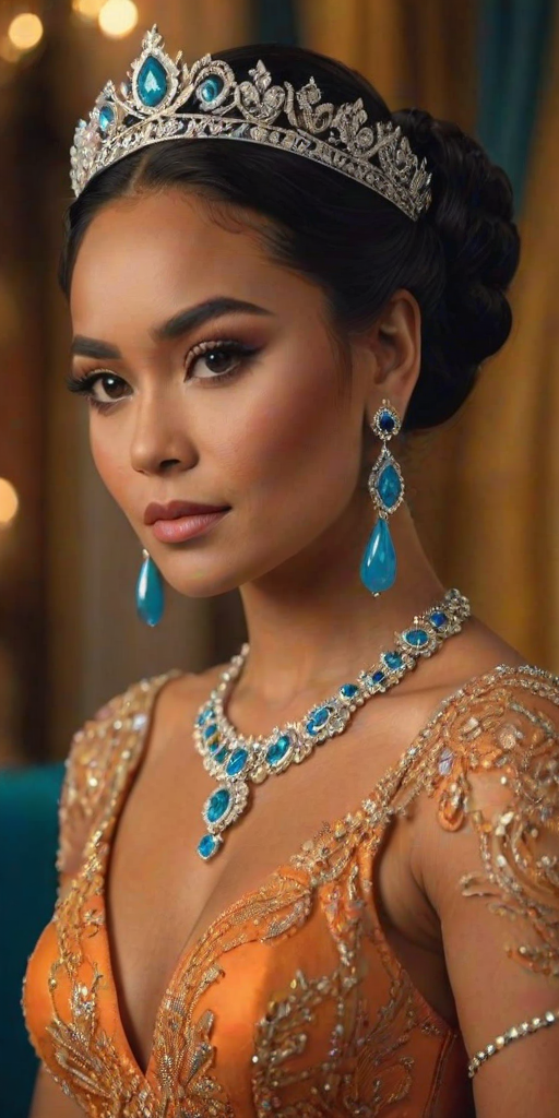 A gorgeous Tongan woman in a luxurious orange gown, accessorized with a dazzling tiara and statement earrings, her deep cyan eyes highlighted by impeccable makeup, poised in a royal setting, photorealistic, 8K quality