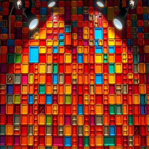 vibrant abstract mosaic wall with colorful squares illuminated by two spotlights, high dynamic range imaging, f/8 aperture, 1/60 sec shutter speed, ISO 100, wide-angle lens, DSLR camera, top-down view