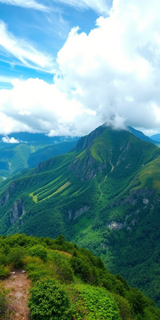 Capture a breathtaking mountain landscape with lush greenery and dramatic cloud formations, using a Canon EOS R5 camera, 24mm lens, f/8 aperture, ISO 100, 1/200 sec shutter speed, with a wide-angle view and HDR style for enhanced details and dynamic range.