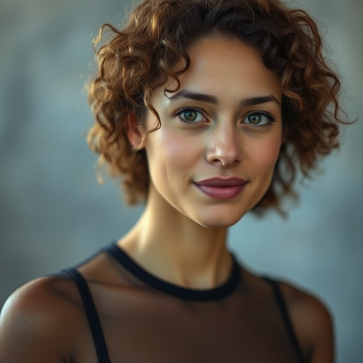portrait of a woman with curly hair in a sheer black top, soft focus background, natural light, aperture f/2.8, shutter speed 1/200 sec, ISO 100, 50mm lens, shallow depth of field, candid style photography