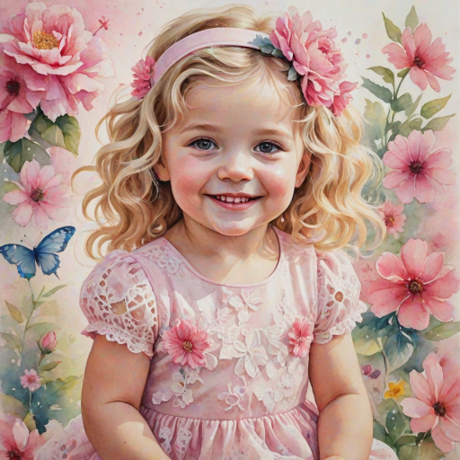 hyperrealism happy smiling toddler girl with messy wavy blonde hair with a headband, she is wearing a pink and white lace dress with pink and white shoes, she is holding a pink bouquet of flowers. Pink flowers and butterflies. summer background. Watercolor Highly detailed