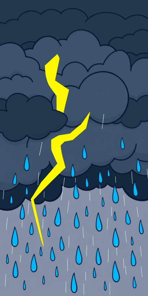 Create an image of a cartoon storm with dark clouds, a bright yellow lightning bolt, and blue raindrops, using a DSLR camera with a 35mm lens, aperture f/8, ISO 100, 1/250 second shutter speed, in a vibrant, illustrative style.