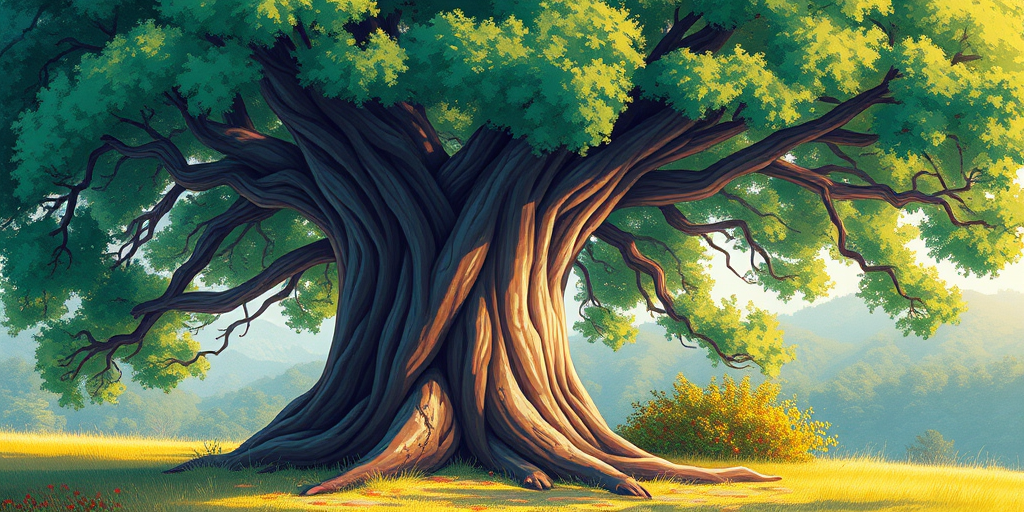 Create a vibrant, artistic illustration of a tree with a thick trunk and a wide, bushy canopy, capturing detailed textures and colors, using a digital illustration style with high resolution, simulating a DSLR camera effect at f/2.8, ISO 100, and a focal length of 50mm, with a soft focus background to enhance the foreground features of the tree.