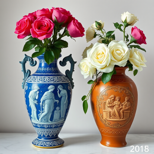 create a hyper-realistic image of two ornate vases, one blue with classical figures and the other terracotta featuring detailed scenes, filled with vibrant roses and white flowers, shot with a Canon EOS R5, 50mm lens, aperture f/1.8, ISO 100, soft diffused natural light, high dynamic range for enhanced detail.