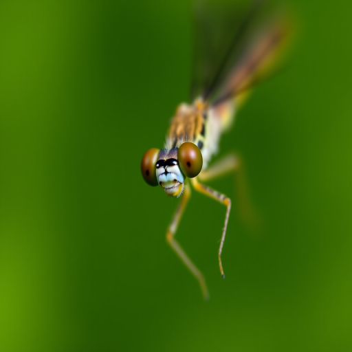 Close-up of a damselfly in sharp focus with a blurred green background, aperture f/2.8, shutter speed 1/200 sec, ISO 100, macro lens, DSLR camera, 50mm focal length.