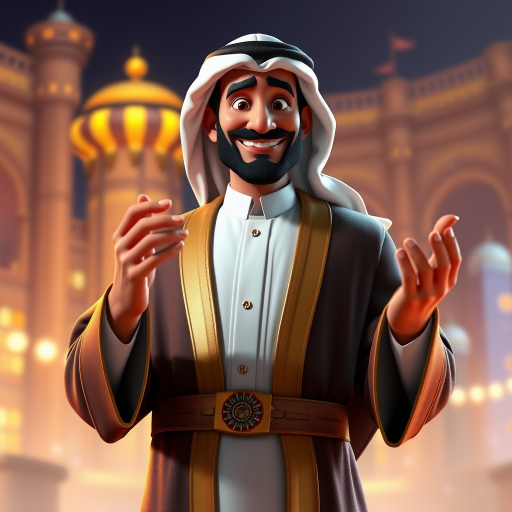 Create a 3D rendering of a wealthy Arab male sheikh from Dubai, inspired by the Disney animation style. The sheikh must have a smile and a playful but wise character. Place your character in an atmosphere of wealth and luxury. The image must be in high resolution format. Dynamic pose above the waist, gesturing with hands (Pixar Art style)++ highly detailed digital painting, art stations, concept art, soft focus, hard focus, illustrations. cinematic, visual effects, HDR, Unreal Engine 5, ray tracing, soft light, 8k, high detail, sparkling backlighting, luxury gem, game art, 3d, cartoon, colorful, magical, mysterious