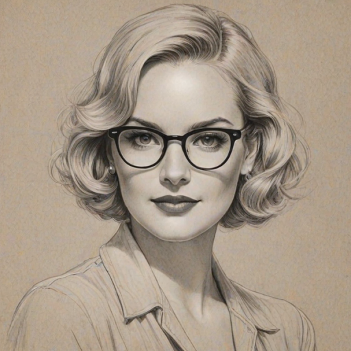 Gorgeous Leslie Grossman, pencil sketch, portrait of Enchanting woman 1934s in glasses, hair style beatnik, outline, clear lines, fine lines, 8k