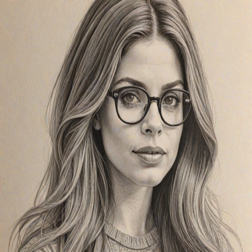 Stunning Danielle Fishel, pencil sketch, portrait of Magnificent woman 1968s in glasses, hair style beatnik, outline, clear lines, fine lines, 8k