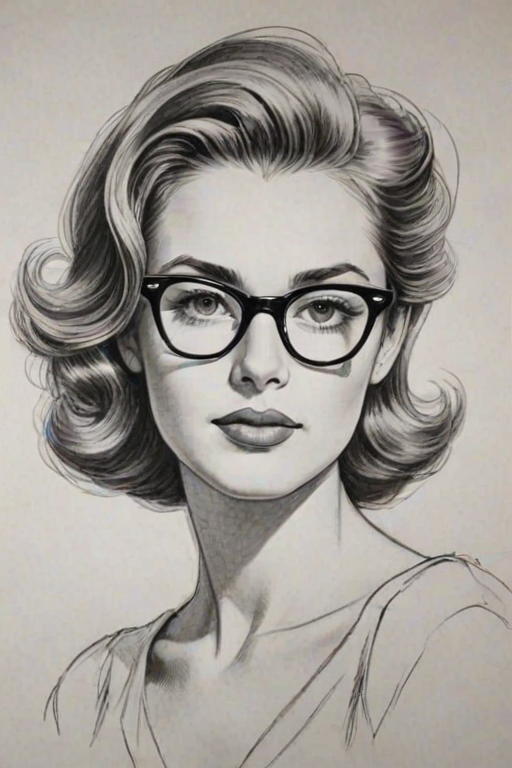 Splendid Mariana Trevi'o, pencil sketch, portrait of Attractive woman 1947s in glasses, hair style beatnik, outline, clear lines, fine lines, 8k