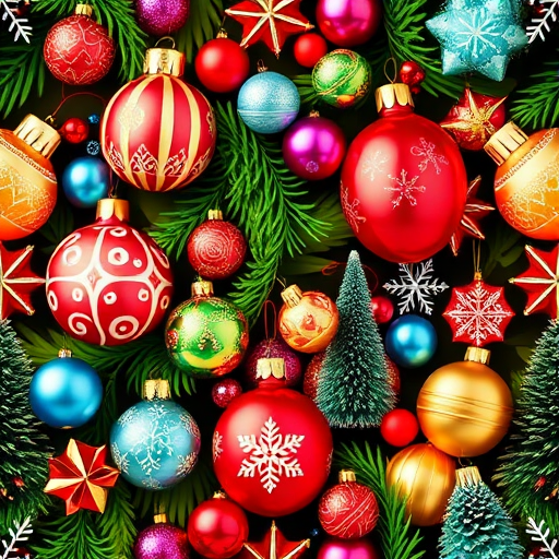 Create a vibrant, seamless pattern featuring colorful Christmas ornaments, trees, and snowflakes, captured with a macro lens, f-stop at 4.0, ISO 100, in a soft-focus style, using a DSLR camera for high detail and clarity.