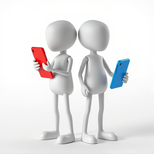 Create an image of two simple, stylized humanoid figures standing side by side, one holding a red phone and the other holding a blue phone, set against a clean, white background, captured in a high-resolution digital format, using a DSLR camera with a 50mm lens, aperture set to f/2.8, ISO 100, and a soft diffused lighting setup to enhance detail and clarity.
