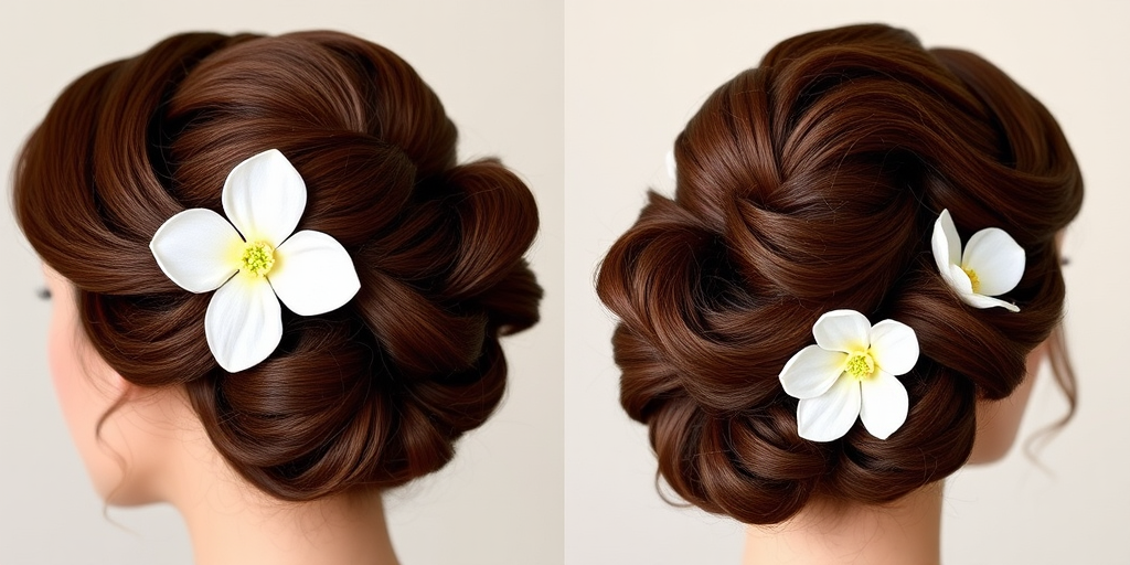 Rich mahogany locks styled in a vintage victory roll updo, accented with a single white gardenia bloom, exuding timeless elegance and feminine charm.