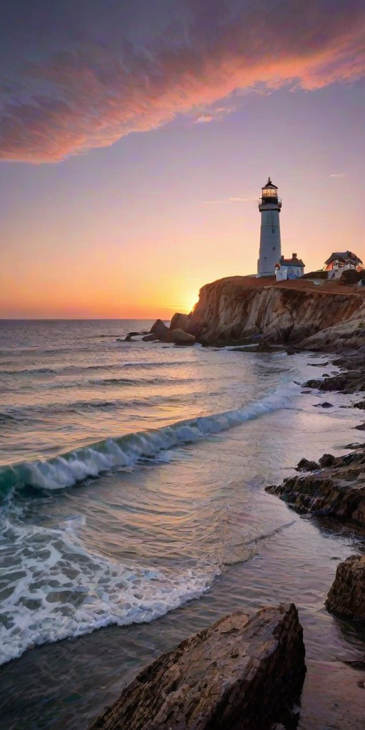 Generate an image of a tall lighthouse perched on a rocky outcrop surrounded by calm ocean waters during a breathtaking sunset. The lighthouse stands sturdy and weathered, its stone surface illuminated by the warm golden light of the setting sun. The sun's rays pass directly through the glass lantern room at the top of the lighthouse, casting a brilliant light across the scene. The sky is painted with vibrant shades of orange, pink, and purple, reflecting off the tranquil sea. The surrounding water shimmers with the same warm hues, creating a serene and majestic atmosphere.