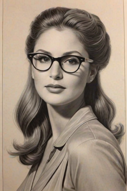 Dazzling Daisy Fuentes, pencil sketch, portrait of Charming woman 1936s in glasses, hair style beatnik, outline, clear lines, fine lines, 8k
