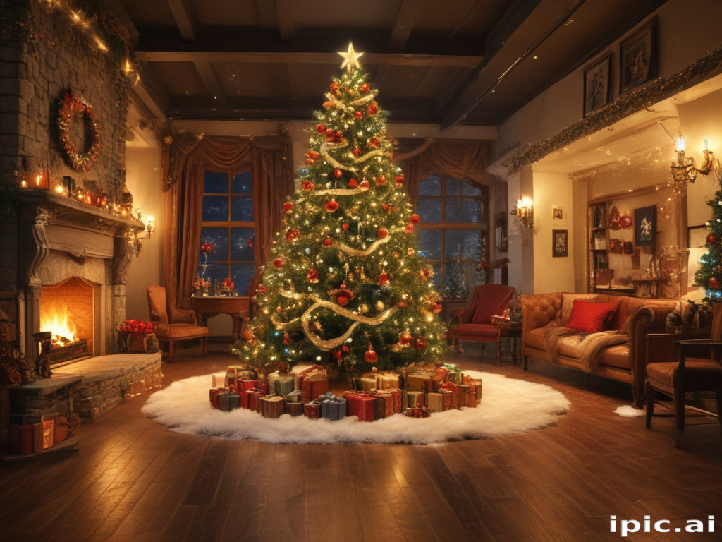 Cozy Christmas Living Room with a Beautifully Decorated Tree and Gifts