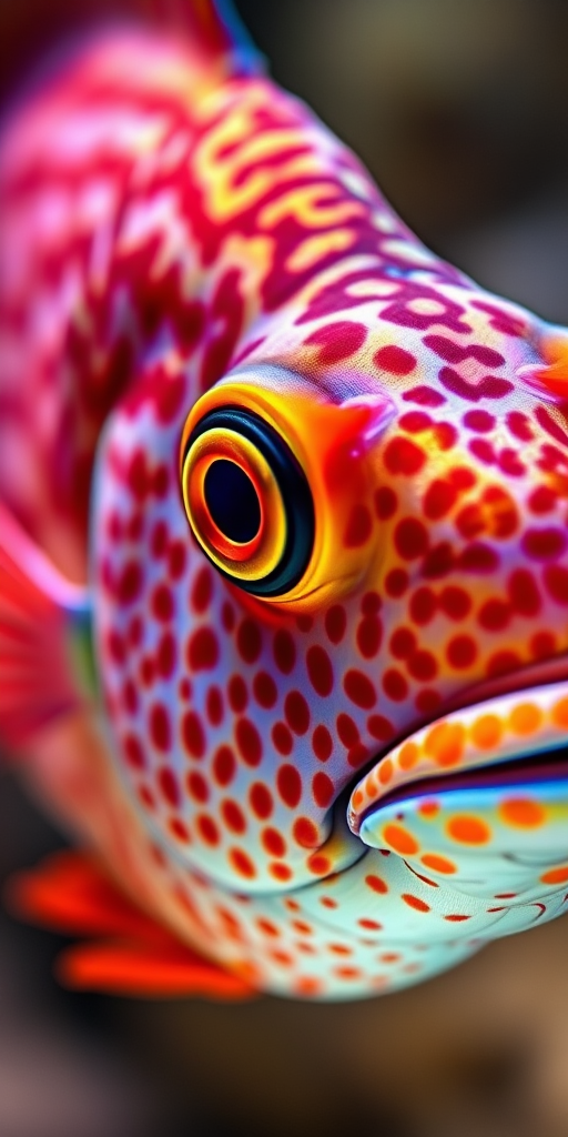 Create a vibrant close-up image of a tropical discus fish with detailed scales and colors, using a macro lens at f/2.8, ISO 100, shutter speed 1/200s, in soft natural lighting to enhance texture and clarity, captured from a slight angle to show depth and detail.