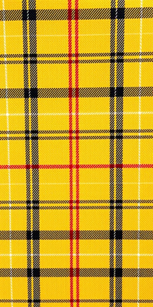 Create a high-resolution pattern of a yellow plaid fabric with black, red, and white lines, captured with a DSLR camera at f/8 aperture, ISO 200, using a 50mm lens, in natural light from a soft window source to enhance texture and detail.